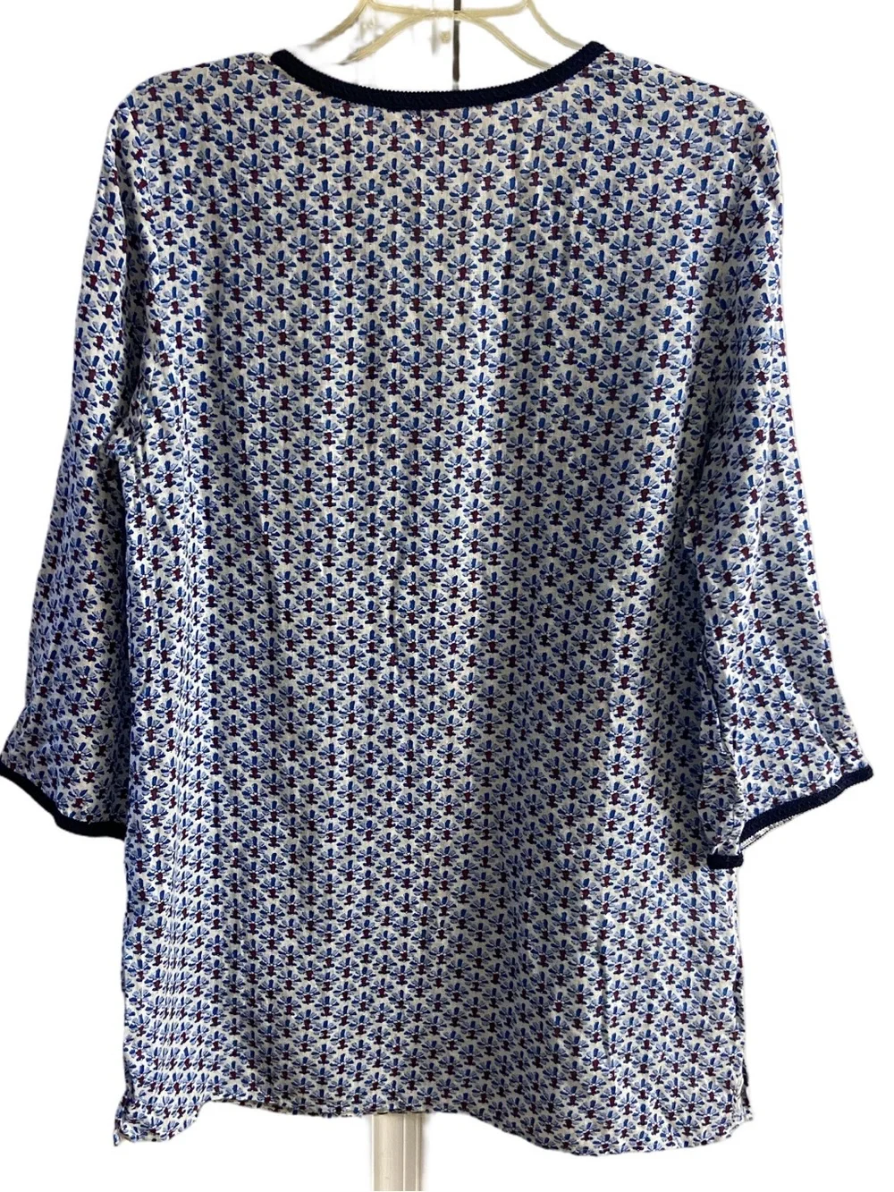 Tory Burch Split V-Neck Tunic Top Front Pockets Navy White Linen Large